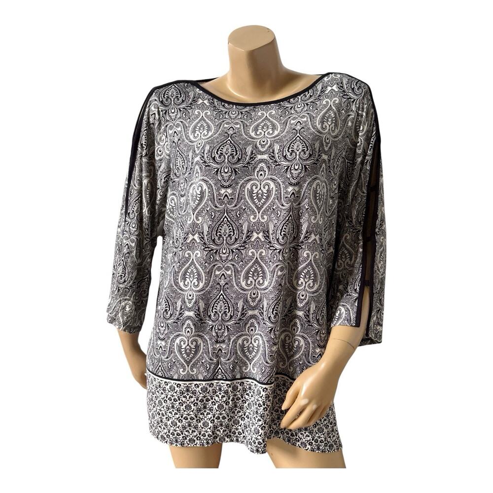 ROSE & OLIVE Womens Plus Size 1X Black White Slit Sleeve Damask Boho Shirt Top